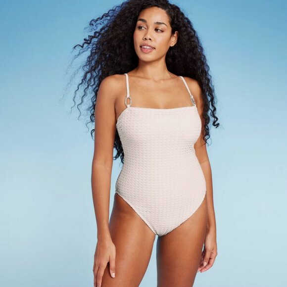Crochet Oval Ring Strap Detail Bandeau One Piece Swimsuit - Shade & Shore XL - Picture 1 of 6